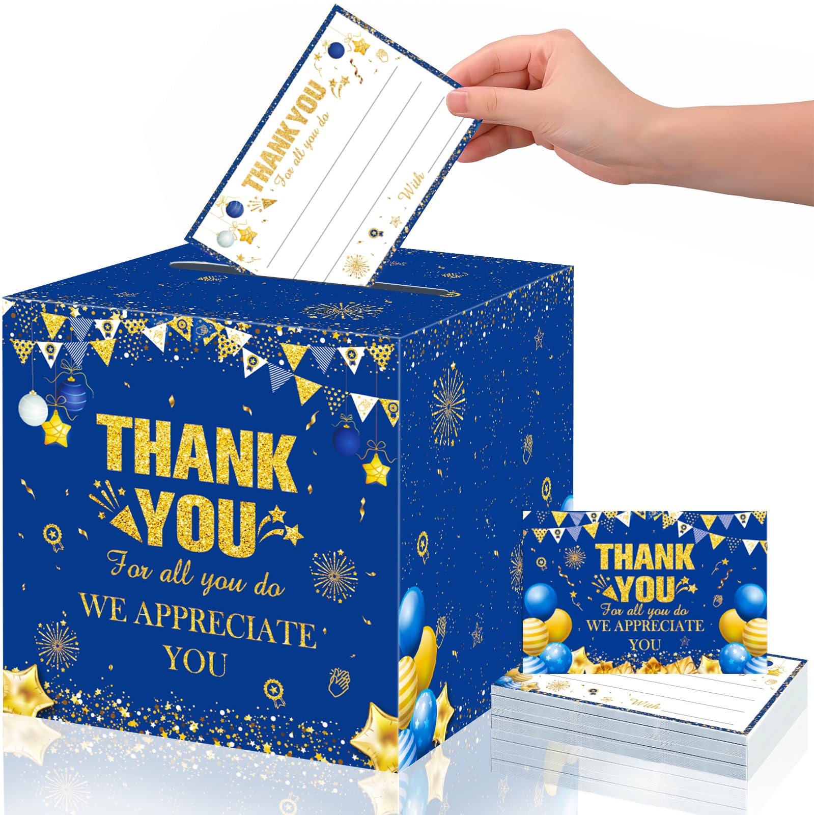 51Pcs We Appreciate You Card Box Decorations Blue Gold Thank You Party Favor Card Box with 50Pcs Thank You For All You Do Cards for Employee Staff Teacher Doctor Graduation Appreciation Party Supplies