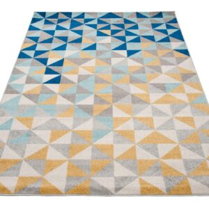 TAPISO Lazur Area Rug Teenager Geometric Small Triangles Grey Yellow Blue Living Room Bedroom Durable Resistant Carpet Size - 6x9 ft (180x270 cm)