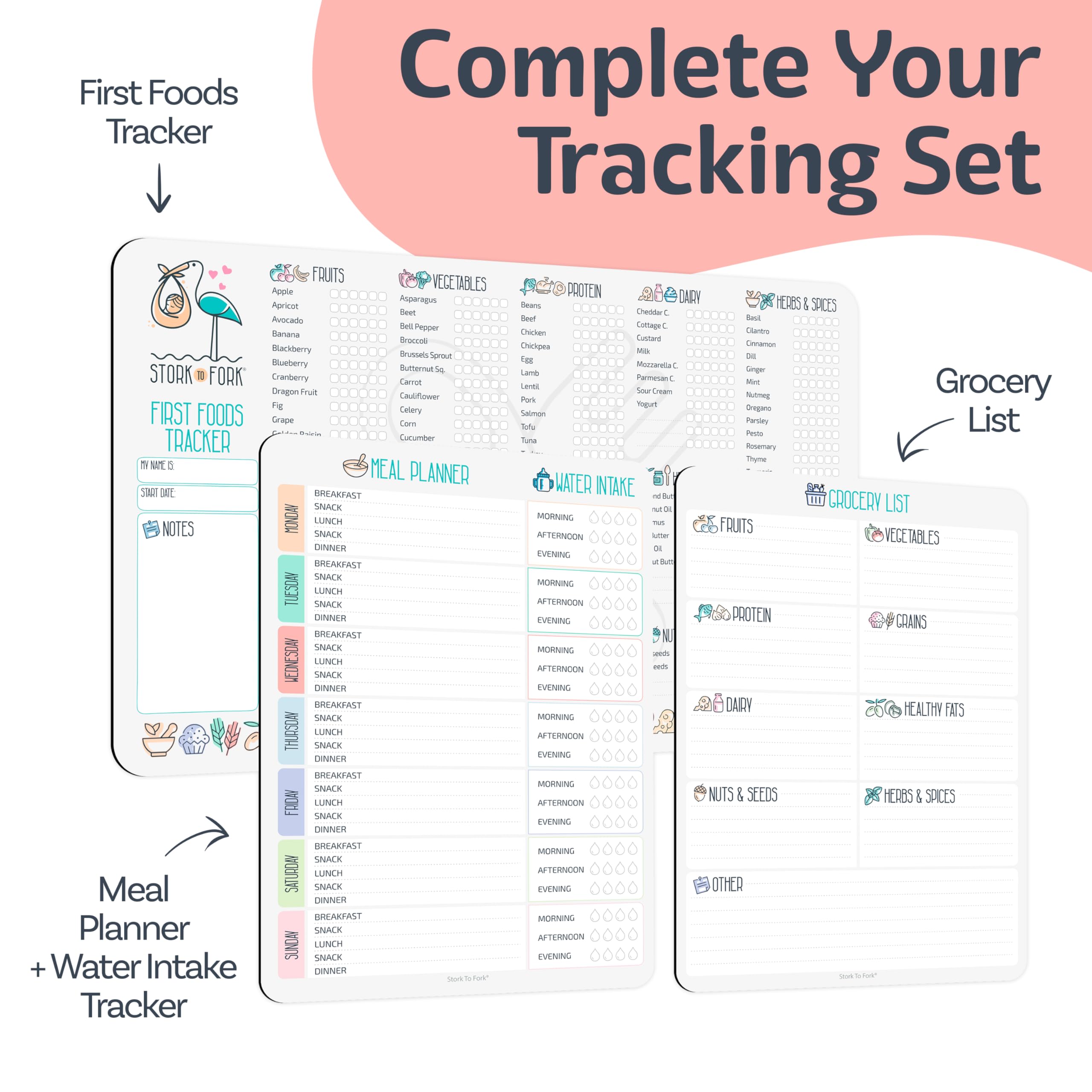 Baby First Food Tracker, Magnetic Meal Planner, Fridge Grocery Shopping List Chart (3 in 1) - Dry, Erase Menu Planner, Strong Stickiness on Refrigerator - 11.6”x8.2”, Gray- Baby's Led Weaning Supplies