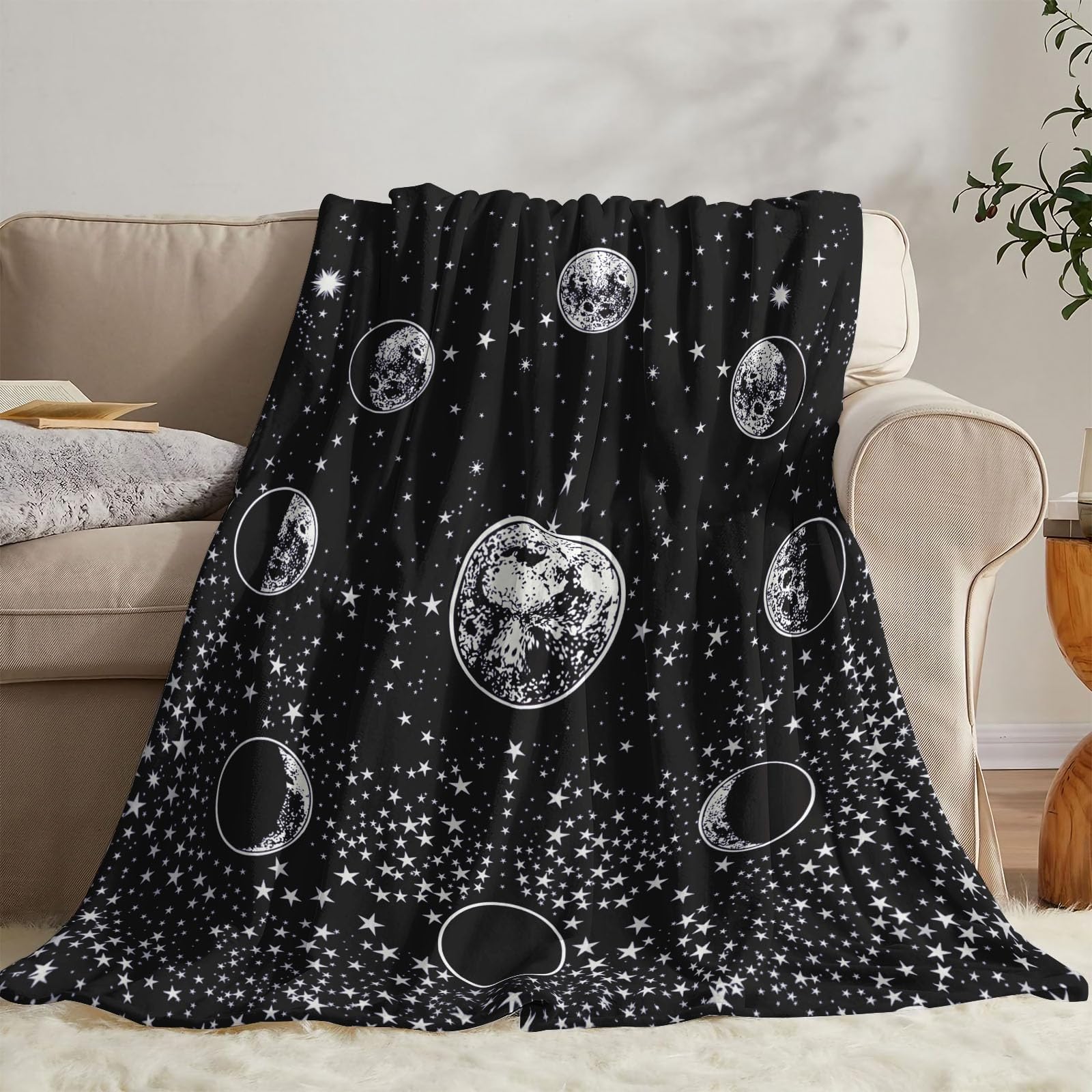 kampdream Moon Phase Black and White Fleece Throw Blanket, Starry Night Sky Mysterious Stars Mystic Astrology Cozy Nap Blankets Gift for Teens Boys Sofa Bed Couch Chair or Dorm Throws 40×50 inches