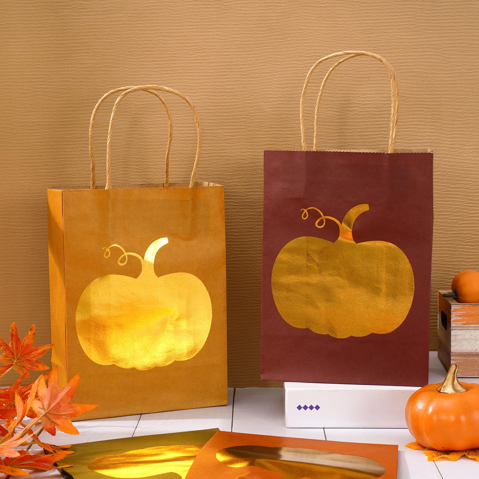 Whaline 36Pcs Fall Kraft Paper Gift Bags with Gold Pumpkin Candy Goodies Bags Grocery Shopping Treat Bags for Autumn Holiday Wedding Birthday Party Favors Supplies