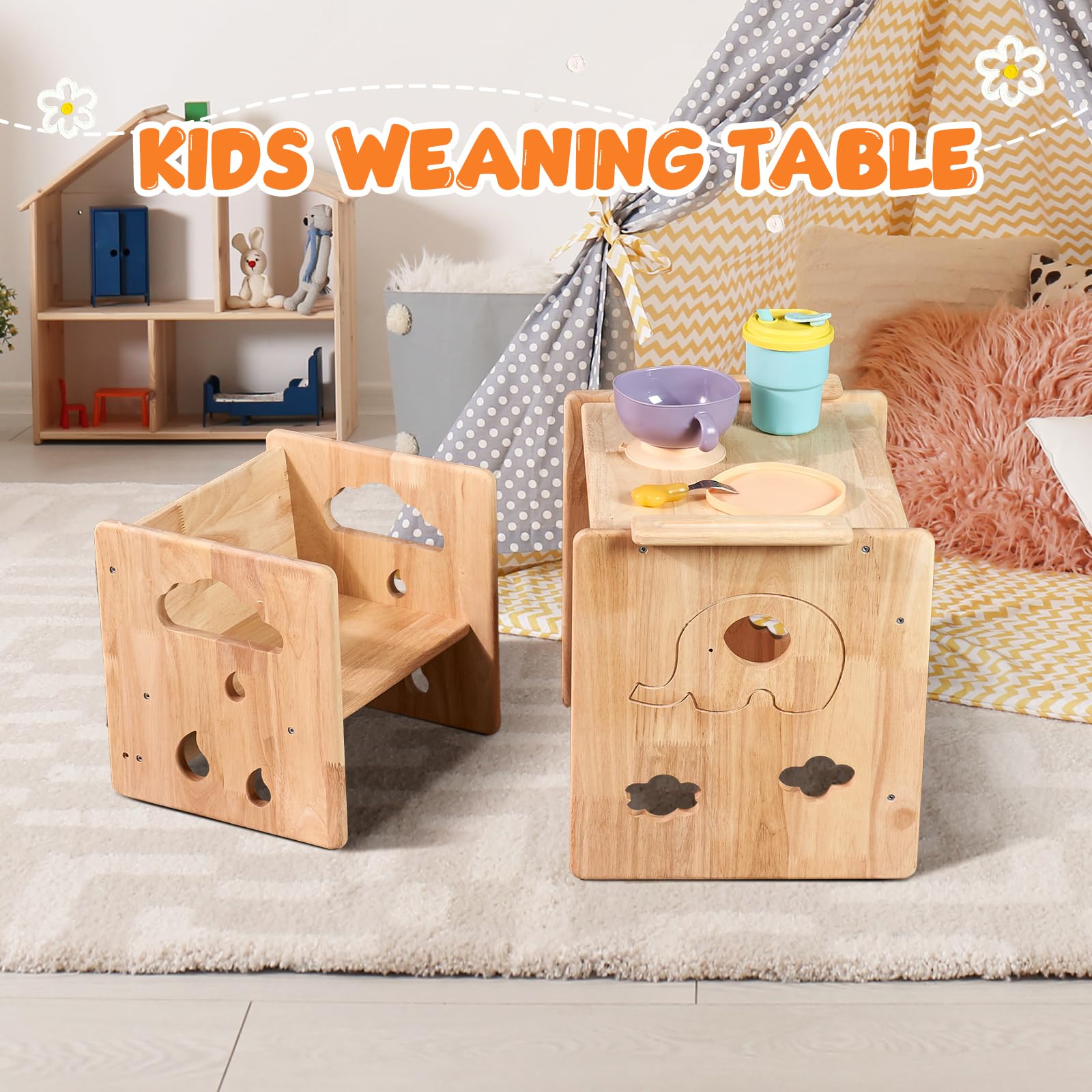 Montessori Weaning Table and Chair Set with Built-in Chalkboard,3 in 1 Solid Wooded Toddler Table and Chair,Kids Activity Table Set for Aged 1-3,Kids Montessori Furniture for Painting Learning Playing