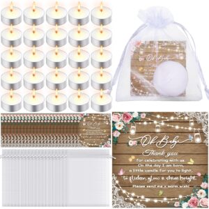 threlaco 150 pcs baby shower party favors for guests rustic wood baby shower gifts include 50 tea light candles 50 rustic floral thank you cards 50 return gift bags for gender reveal party supplies