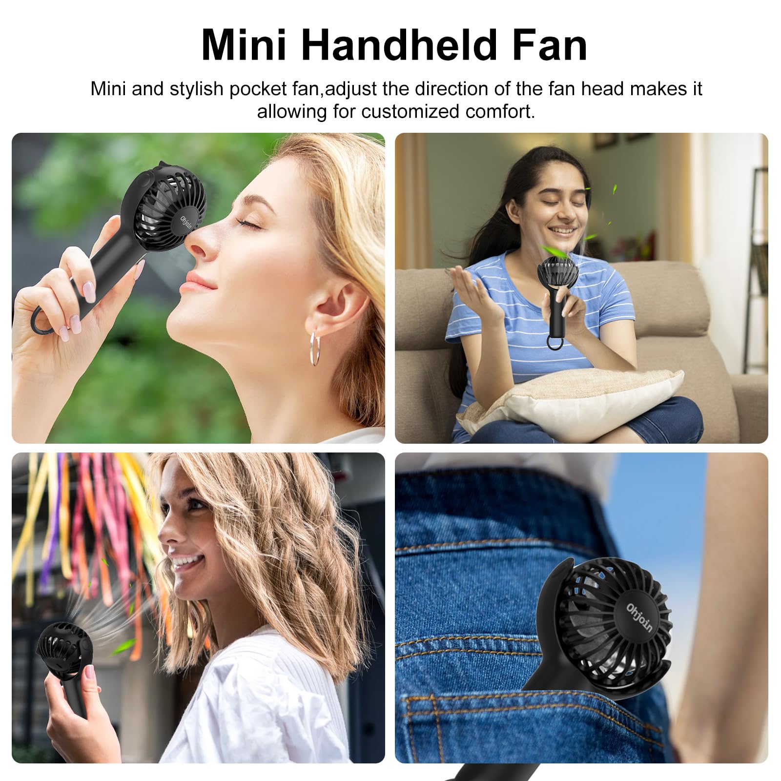 Ohjoin 2 IN 1 Mini Portable Handheld Fan with Keychain Stand, Personal Powerful Cooling Fan, Small Battery Operated Table Fan, Quiet Hand Fan, USB Rechargeable, Birthday Gifts for Men Women (Black)