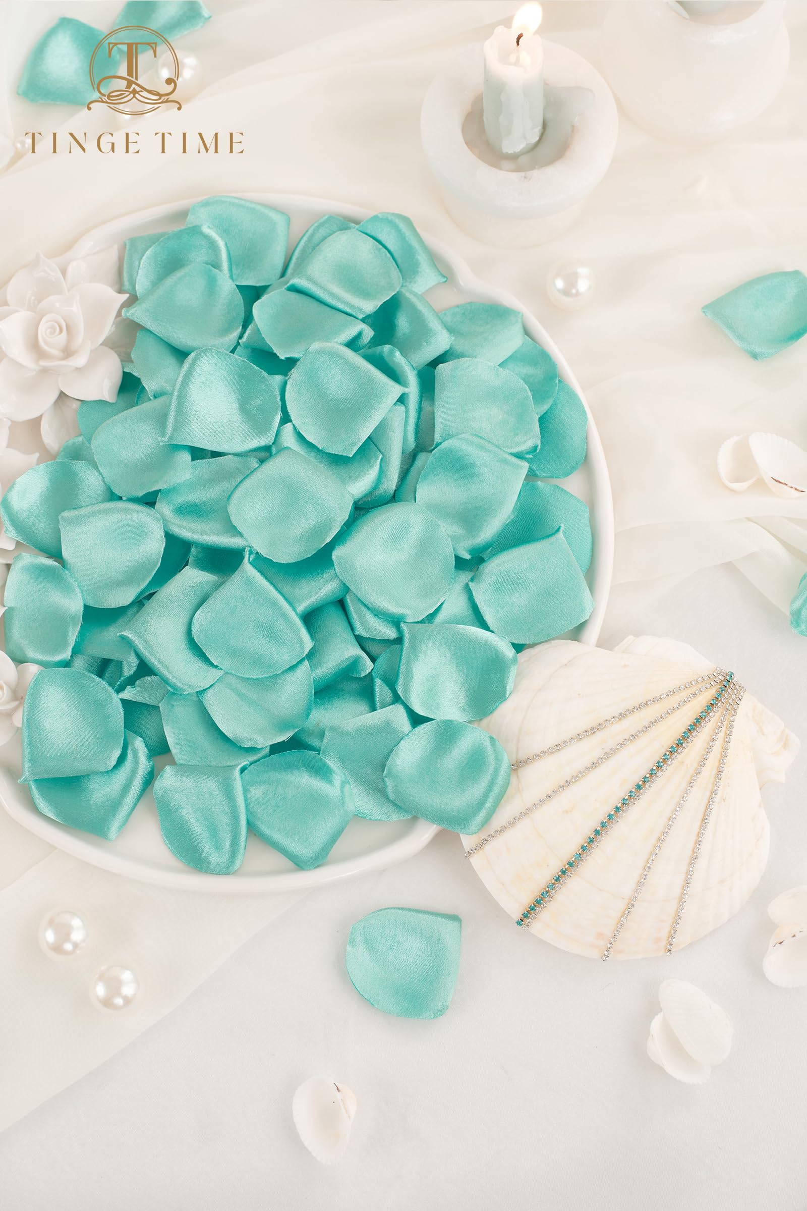 TINGE TIME 300pcs Silk Rose Petals Teal Green Heart Flower Petals for Wedding Flower Girl Basket Aisle Scatter Dinner Table Centerpieces Party Confetti Bridal Shower Romantic Night Decoration