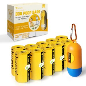 Dog Poop Bags Rolls-150 Bags with Leash Dispenser (10 Rolls), Biodegradable Poop Bags Made of Cornstarch, 100% Leak Proof and Easy to Open (Yellow)