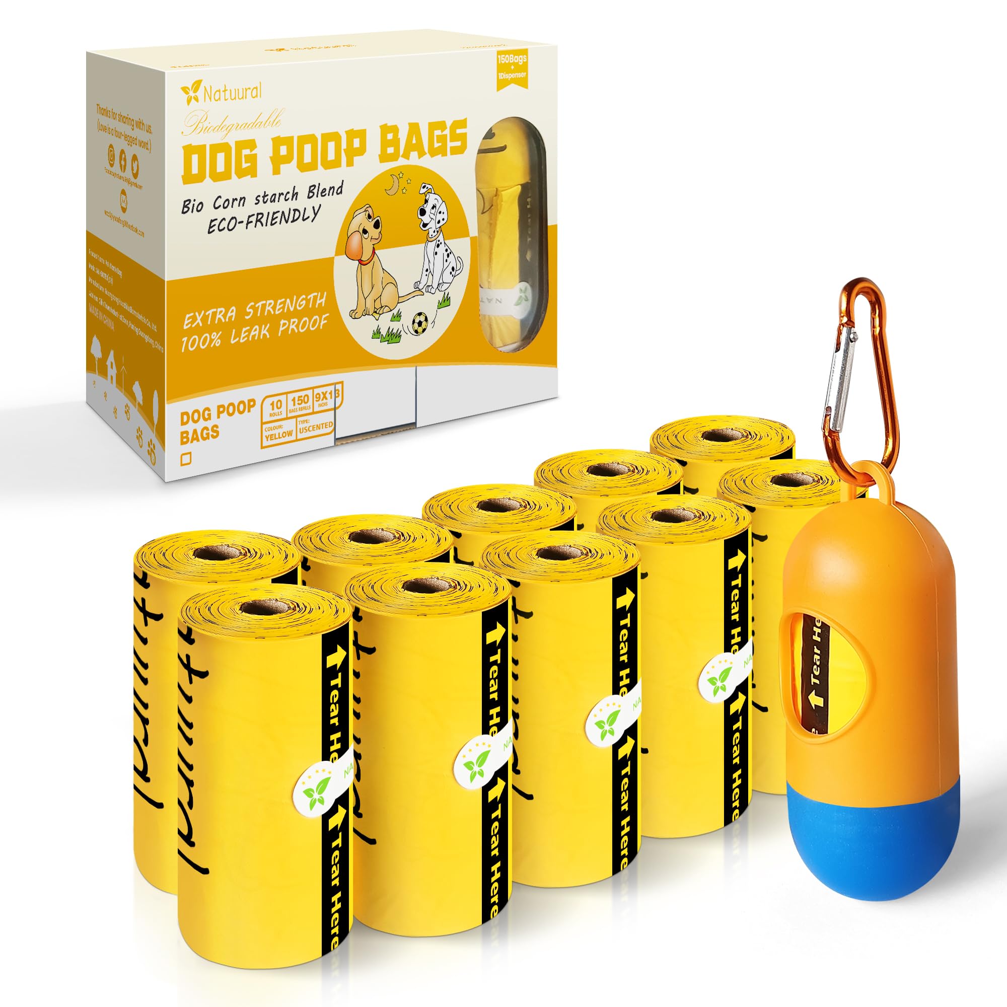 Dog Poop Bags Rolls-150 Bags with Leash Dispenser (10 Rolls), Biodegradable Poop Bags Made of Cornstarch, 100% Leak Proof and Easy to Open (Yellow)