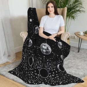 kampdream Moon Phase Black and White Fleece Throw Blanket, Starry Night Sky Mysterious Stars Mystic Astrology Cozy Nap Blankets Gift for Teens Boys Sofa Bed Couch Chair or Dorm Throws 40×50 inches