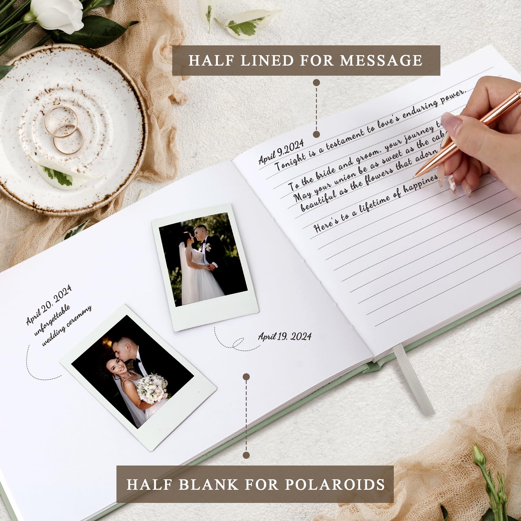 Wedding Guest Book - Elegant Guest Book for Wedding Receptions and Baby Shower, Polaroid Guest Book for Wedding and Celebration Events -100 Blank & Lined Pages for Guest Sign in and Photos - Green