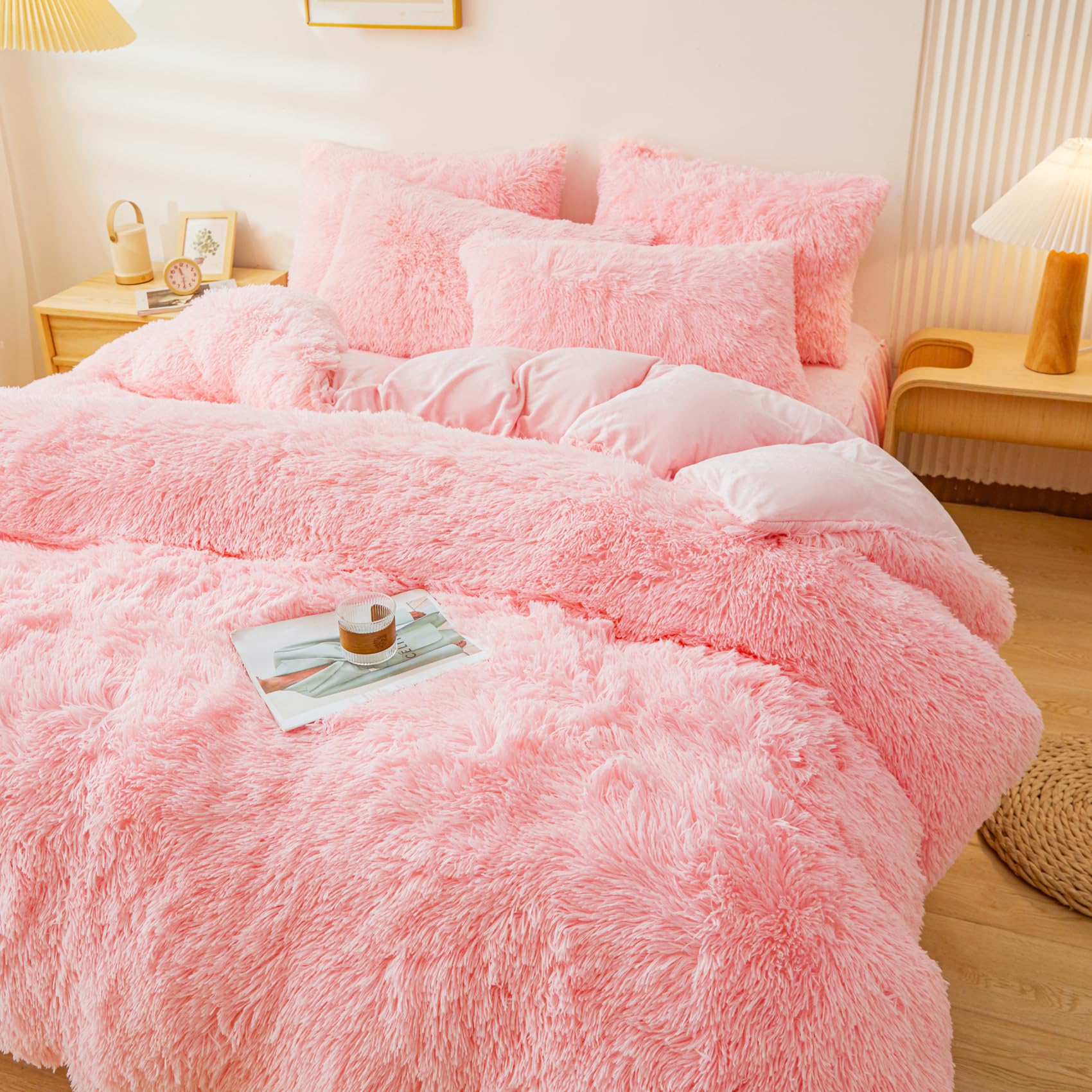 ERLOXO Fluffy Pink Faux Fur Comforter Cover Set，Fluffy Fuzzy Plush Pink Bedding 3Pcs (1 Faux Fur Duvet Cover +2 Fuzzy Pillowcases) Pink Fluffy Bed Set (Pink, Queen)