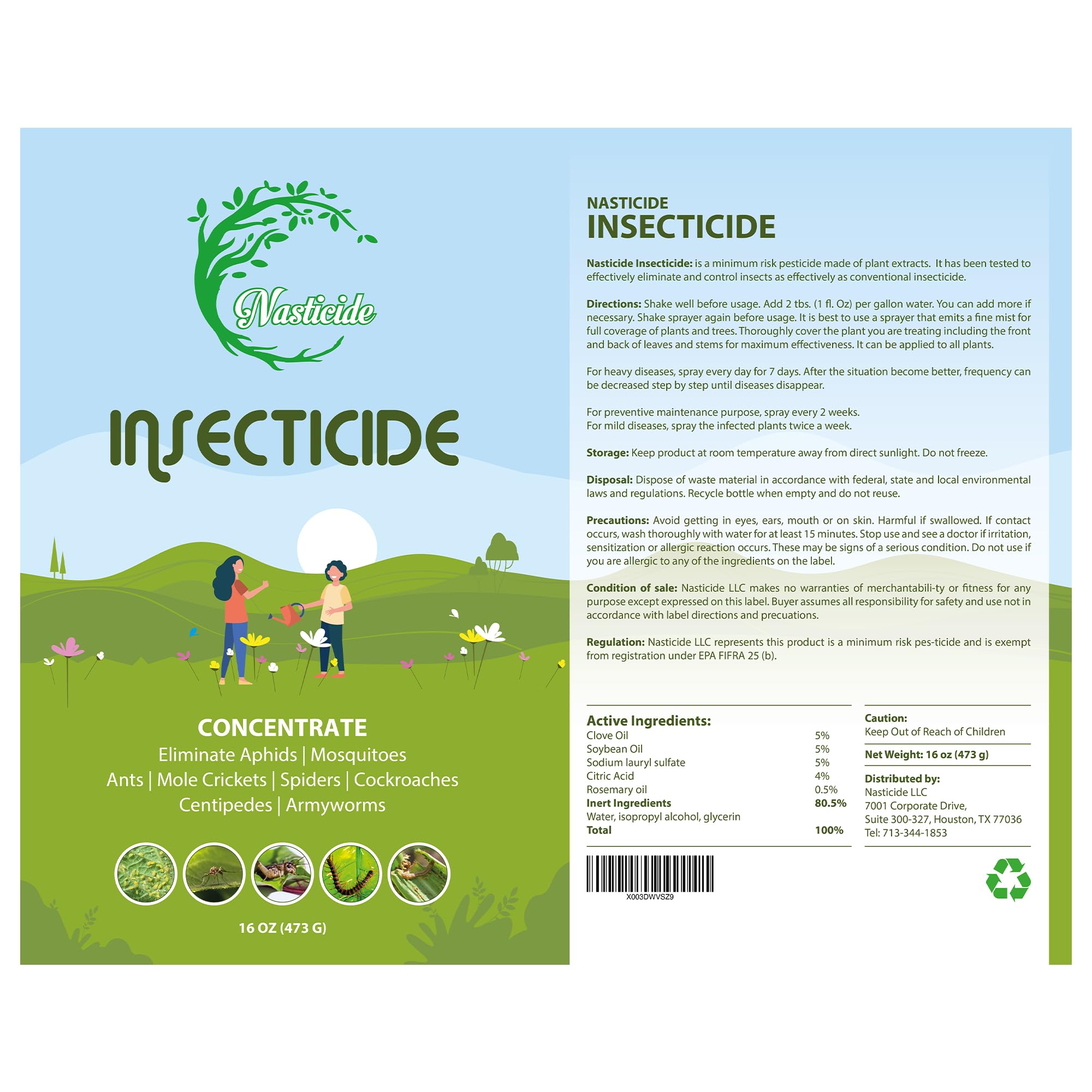 Nasticide Natural Insecticide Concentrate for Plants, Organic Safe Insect Killer with Natural Clove Oil, Soybean Oil and Rosemary Oil, Lawn Insecticide for Ants Spiders Cockroaches Aphids 16oz