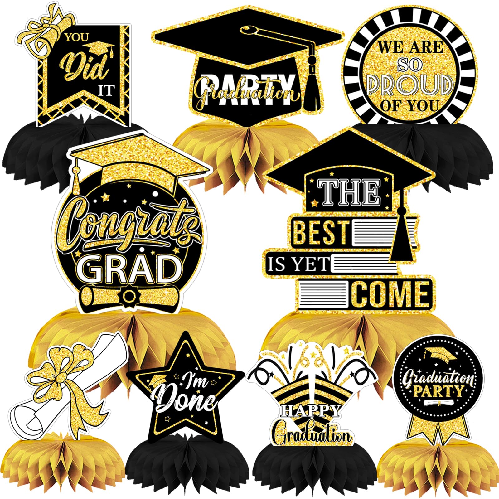 Vellibring 9PCS Graduation Table Decorations Black Gold Class of 2024 Honeycomb Centerpieces Toppers for Congrats Grad Party Favor Supplies