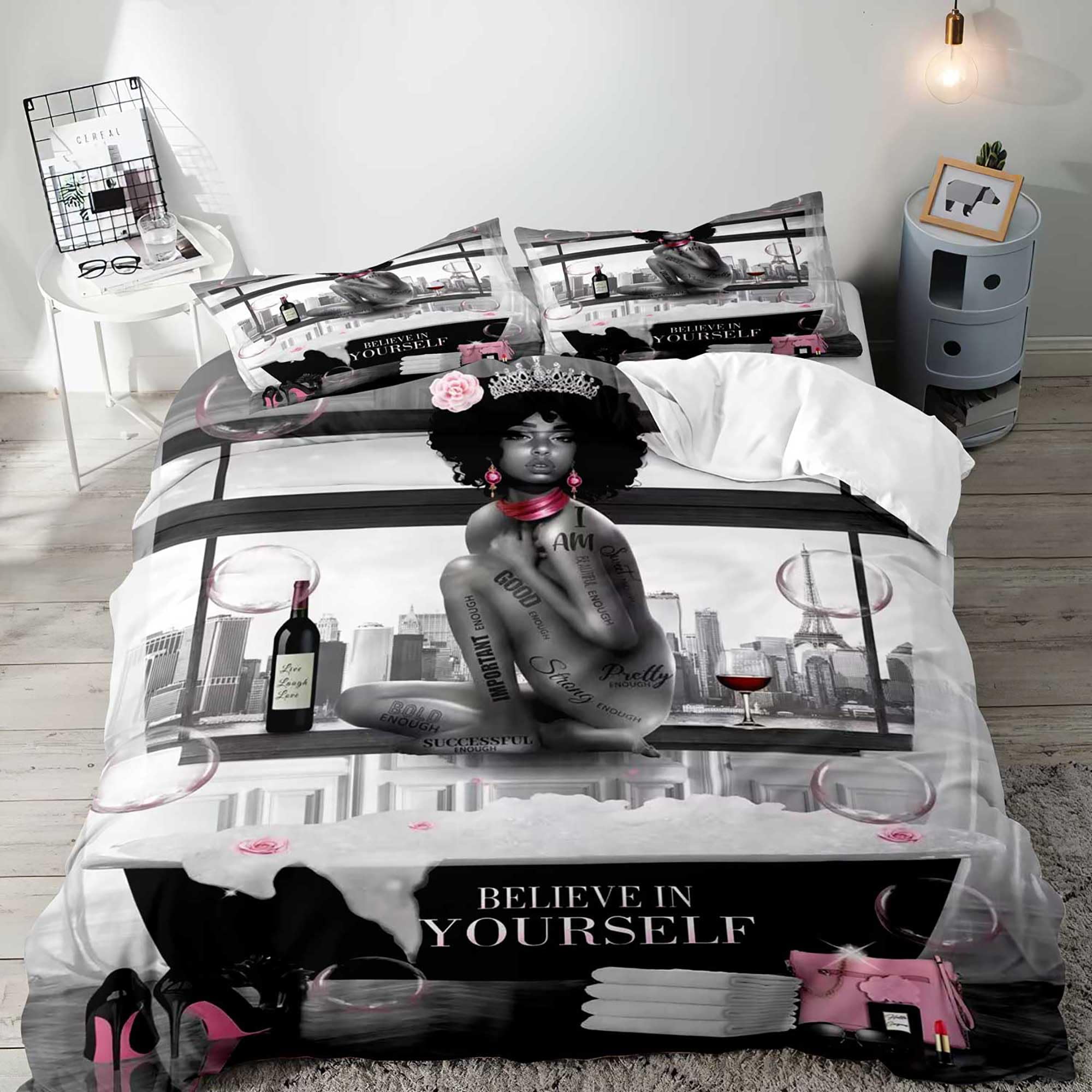 LUVIVIHOME 3PCS Sexy Black Girl Duvet Cover Queen Bedding Sets, Teen Girl Bedding, Black Woman African American Black Girl Comforter Bedspread Quilt Cover, Inspirational Gifts for Women 2 Pillow Shams