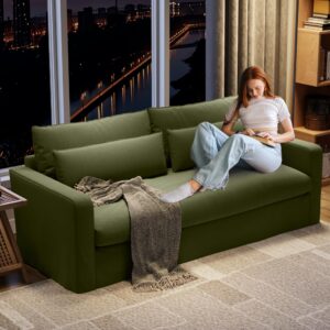 Meeyar 80 Inch Down Sofa Couches for Living Room Linen Fabric 3 Seater Couch with Lumbar Pillows and Wooden Legs Cloud Sofa Upholstered Furniture for Home Office Bedroom Apartment Lounge, Olive Green