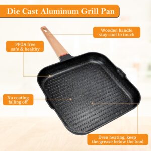 Barlket 11 inch Grill Pan for Indoor Cooking Nonstick Square Grill Skillet Griddle Pan for Stove Top, with Pour Spouts & Tongs, for Grilling Meat/Vegetables, Die Casting Aluminum