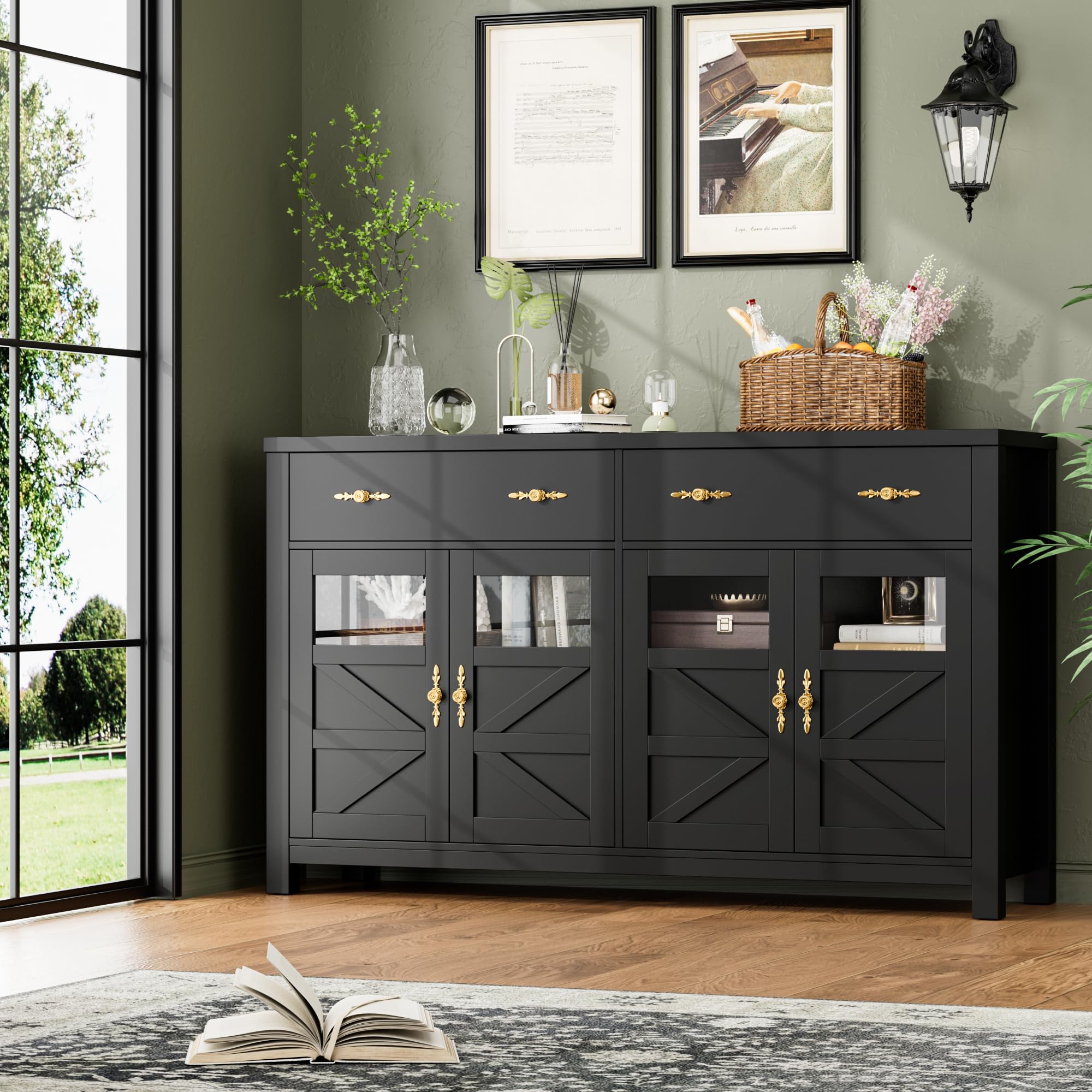 FINETONES Buffet Cabinet with Storage, 55.1" Large Sideboard Buffet Cabinet, Farmhouse Sideboard Kitchen Cabinet with 2 Drawers and 4 Doors, Wood Coffee Bar Cabinet Buffet Table for Kitchen, Black