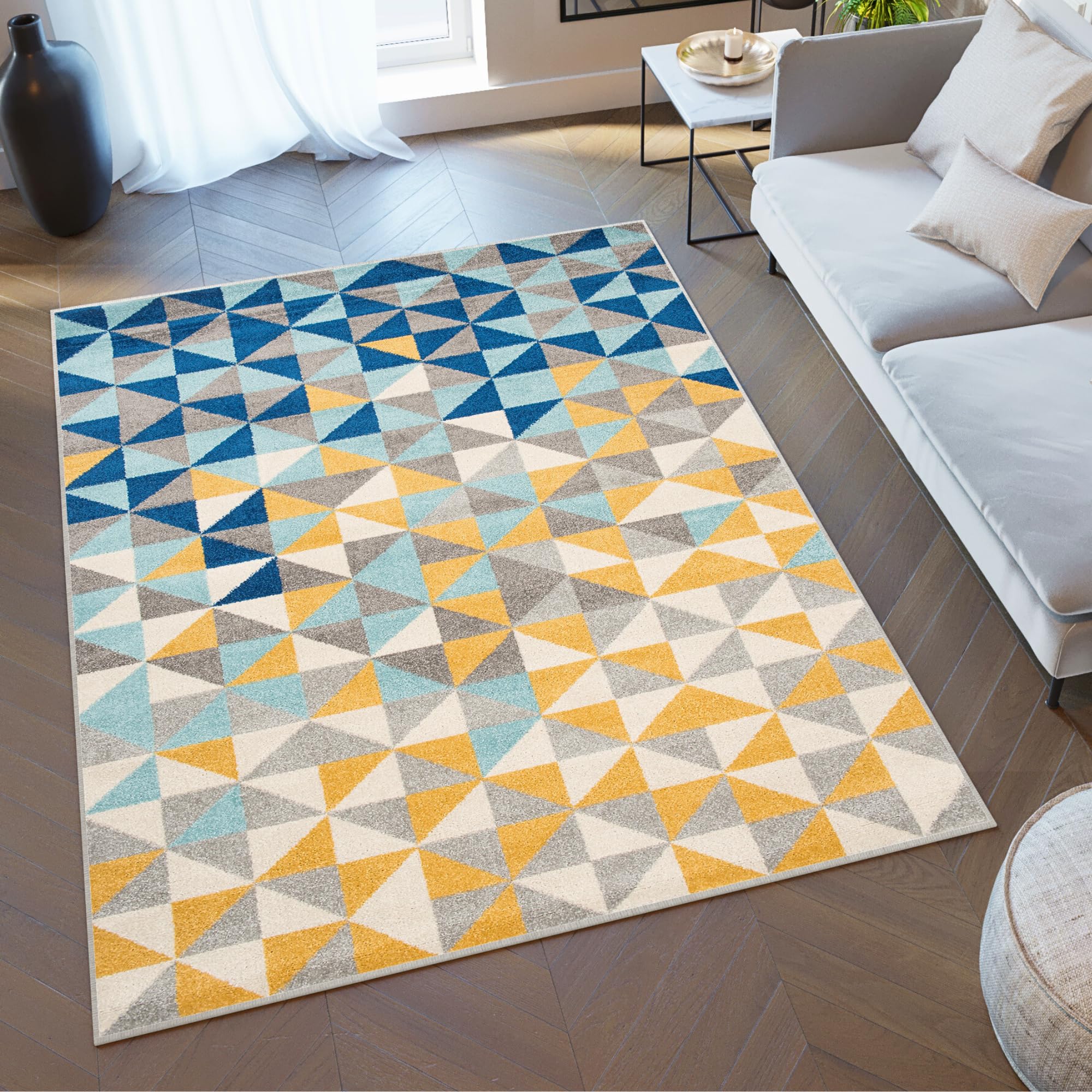 TAPISO Lazur Area Rug Teenager Geometric Small Triangles Grey Yellow Blue Living Room Bedroom Durable Resistant Carpet Size - 6x9 ft (180x270 cm)