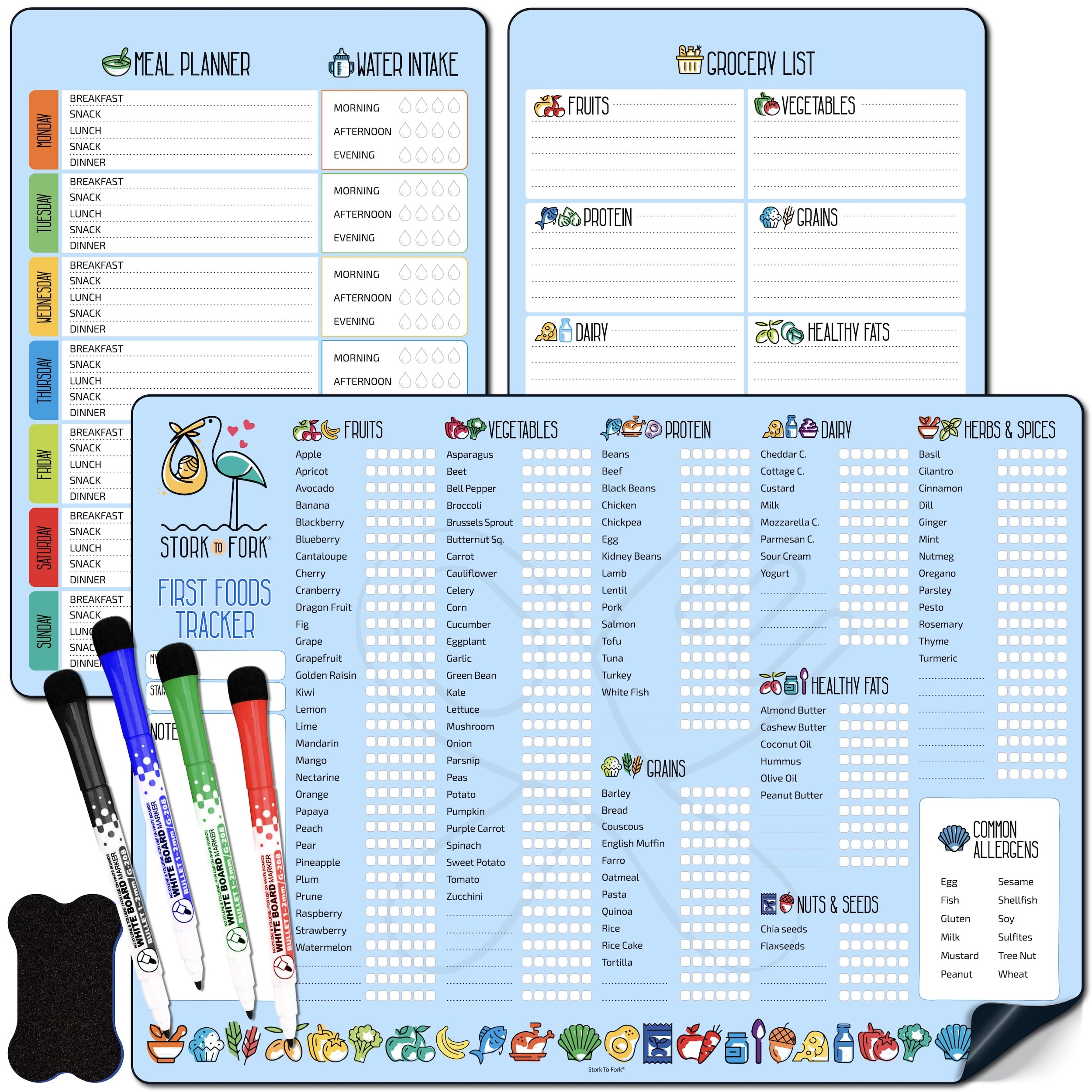 Baby First Food Tracker, Magnetic Meal Planner, Fridge Grocery Shopping List Chart (3 in 1) - Dry, Erase Menu Planner, Strong Stickiness on Refrigerator - 11.6”x8.2”, Blue - Baby Led Weaning Supplies