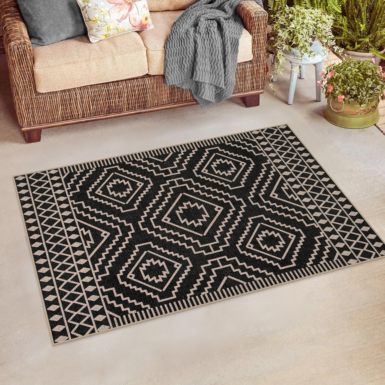 Lahome Moroccan Easy Jute Area Rug, 3x5 Entryway Rug Indoor Outdoor Patio Rug 3x5 Farmhouse Black Washable Living Room Area Rug, Non Slip Indoor Outdoor Carpet for Patio Courtyard Deck