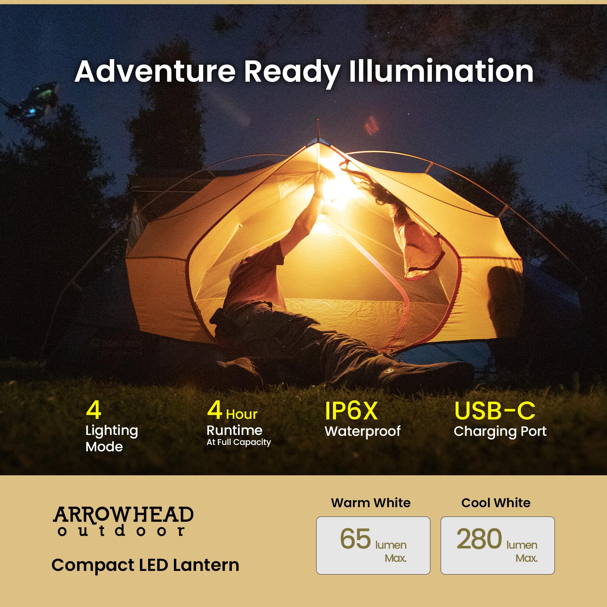 ARROWHEAD OUTDOOR 6-inch LED Camping Lantern, 4 Lighting Modes, USB-C Charging, IP6X, Max. 280 Lumens, Carabiner Included, Army Green