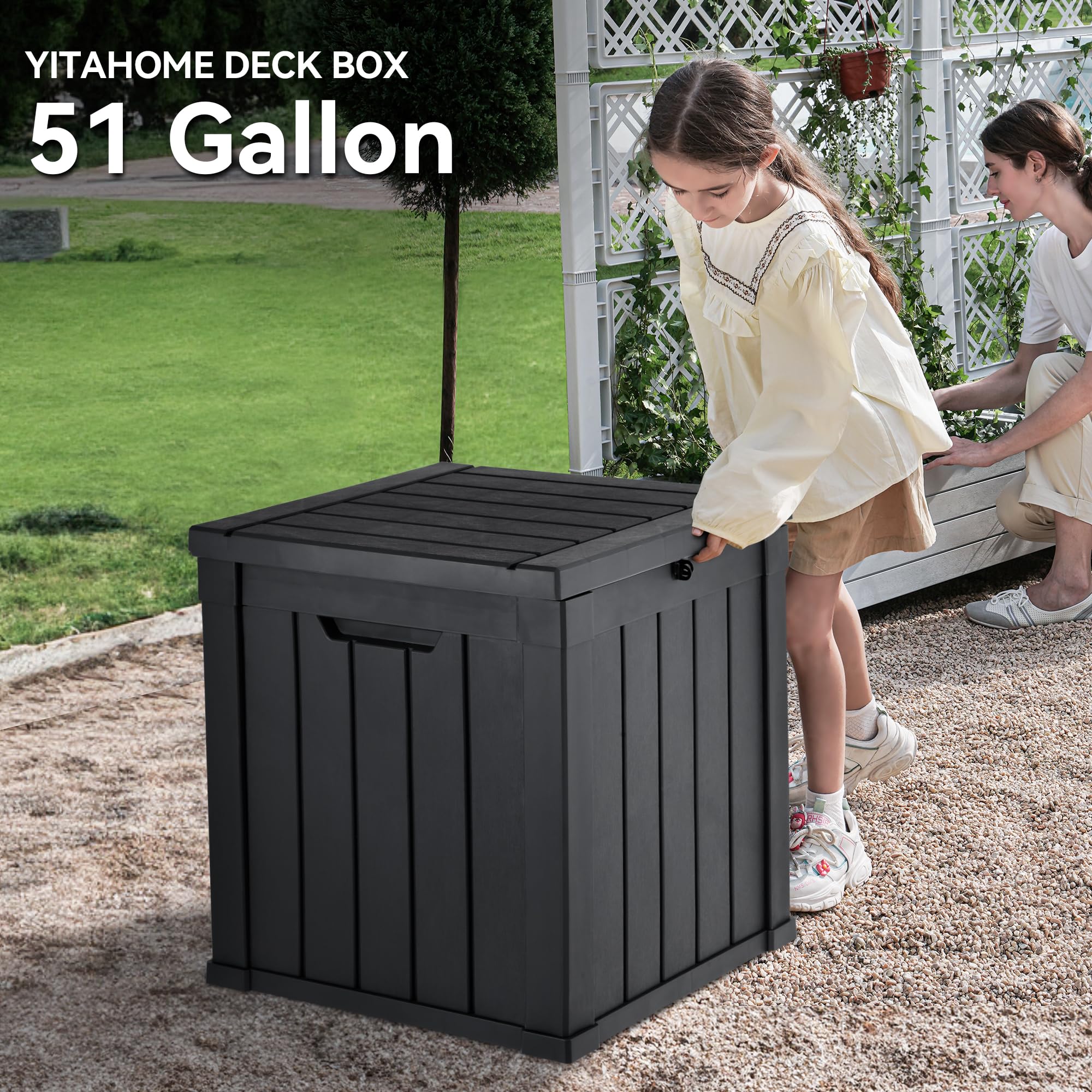 YITAHOME 51 Gallon Outdoor Storage Deck Box, Waterproof Resin Package Delivery and Storage Box with Lockable Lid for Patio Furniture Cushions, Pool Accessories, Garden Tools, Black