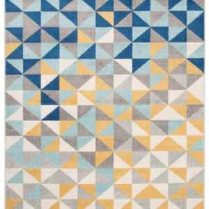 TAPISO Lazur Area Rug Teenager Geometric Small Triangles Grey Yellow Blue Living Room Bedroom Durable Resistant Carpet Size - 6x9 ft (180x270 cm)