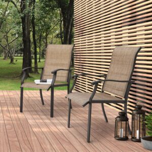 NUU GARDEN Patio Dining Chairs Set of 2, Outdoor Textilene Dining Chairs with High Back, Patio Chairs with Armrest, Metal Frame and Textilene Chairs, Brown