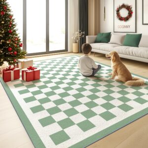 washable 5x7 checkered area rug for living room, sage green checkerboard modern boho large rugs, ultra thin low pile lightweight indoor carpet with non-slip backing for bedroom classroom playroom kids