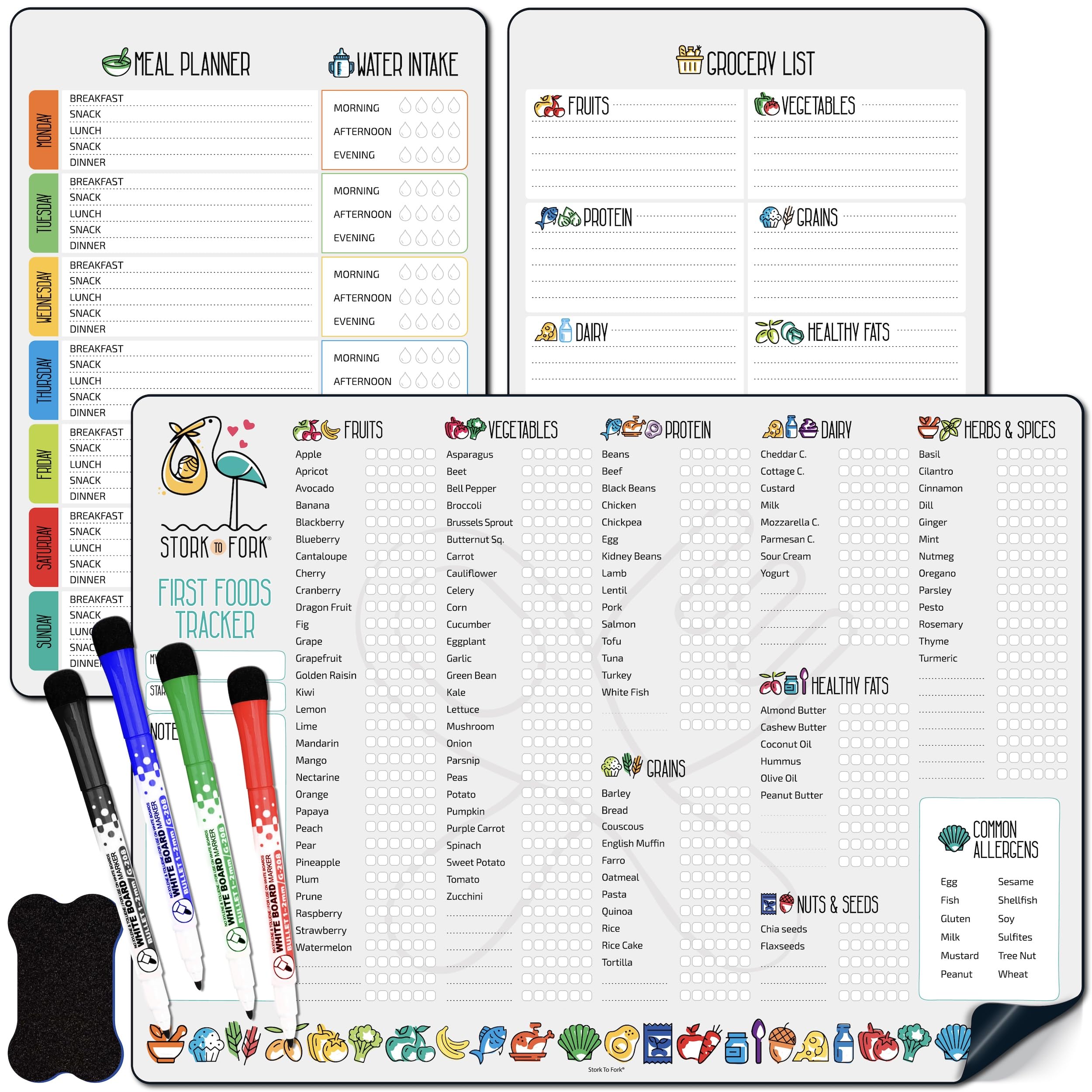 Baby First Food Tracker, Magnetic Meal Planner, Fridge Grocery Shopping List Chart (3 in 1) - Dry, Erase Menu Planner, Strong Stickiness on Refrigerator - 11.6”x8.2”, Gray- Baby's Led Weaning Supplies