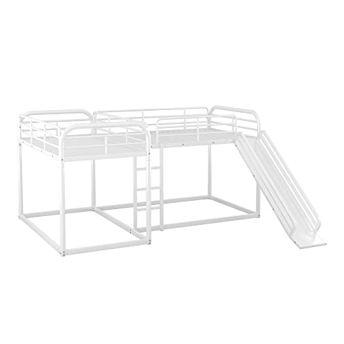 EOVTK L-Shaped Metal Bunk Bed for 4, Full and Twin Size Bunk Quad Bed Frame with Slide, Short Ladder and Safety Guardrail for Kids Teens Adults, White