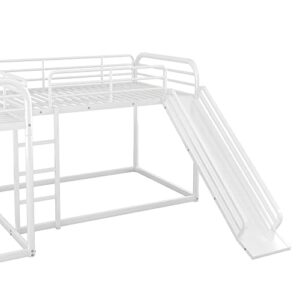 EOVTK L-Shaped Metal Bunk Bed for 4, Full and Twin Size Bunk Quad Bed Frame with Slide, Short Ladder and Safety Guardrail for Kids Teens Adults, White