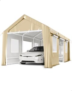 10'x20' carport windproof, anti-high wind portable garage, reinforced frames & 180 g pe carport canopy, with front & rear doors, shelter for pickup, boat, and equipment, khaki