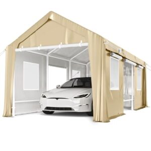 10'x20' Carport Windproof, Anti-High Wind Portable Garage, Reinforced Frames & 180 g PE Carport Canopy, with Front & Rear Doors, Shelter for Pickup, Boat, and Equipment, Khaki