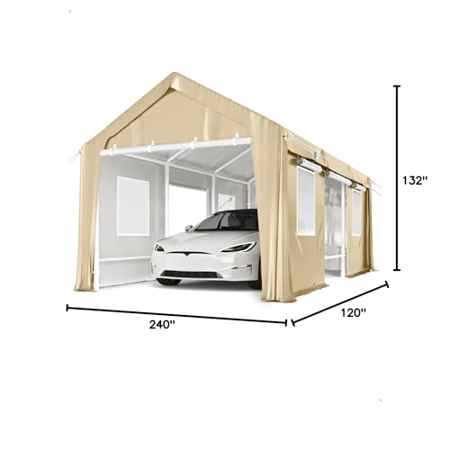 10'x20' Carport Windproof, Anti-High Wind Portable Garage, Reinforced Frames & 180 g PE Carport Canopy, with Front & Rear Doors, Shelter for Pickup, Boat, and Equipment, Khaki