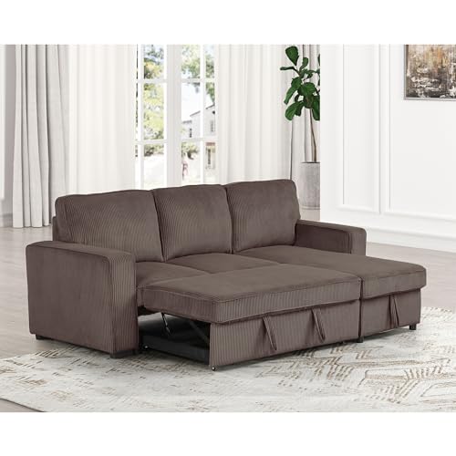 Furniture of America Denoon Modern Corduroy Sectional Sleeper Sofa with Pull Out Bed and Storage Chaise, Modular L Shaped Couch, Convertible Sofabed, Comfy Couches for Living Room, Bedroom, Brown