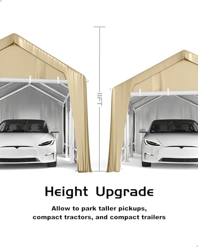 10'x20' Carport Windproof, Anti-High Wind Portable Garage, Reinforced Frames & 180 g PE Carport Canopy, with Front & Rear Doors, Shelter for Pickup, Boat, and Equipment, Khaki