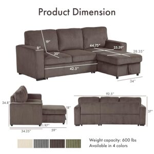 Furniture of America Denoon Modern Corduroy Sectional Sleeper Sofa with Pull Out Bed and Storage Chaise, Modular L Shaped Couch, Convertible Sofabed, Comfy Couches for Living Room, Bedroom, Brown