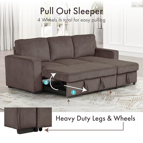 Furniture of America Denoon Modern Corduroy Sectional Sleeper Sofa with Pull Out Bed and Storage Chaise, Modular L Shaped Couch, Convertible Sofabed, Comfy Couches for Living Room, Bedroom, Brown