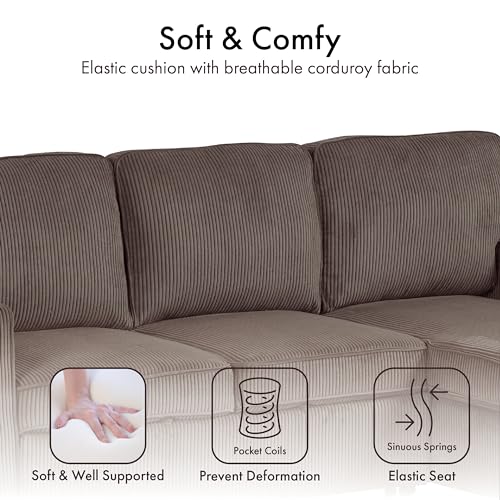 Furniture of America Denoon Modern Corduroy Sectional Sleeper Sofa with Pull Out Bed and Storage Chaise, Modular L Shaped Couch, Convertible Sofabed, Comfy Couches for Living Room, Bedroom, Brown