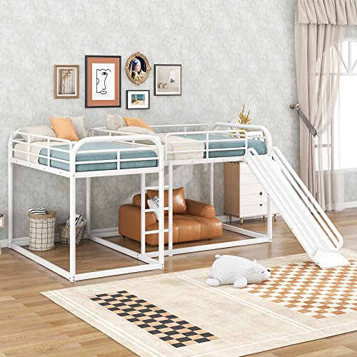 EOVTK L-Shaped Metal Bunk Bed for 4, Full and Twin Size Bunk Quad Bed Frame with Slide, Short Ladder and Safety Guardrail for Kids Teens Adults, White