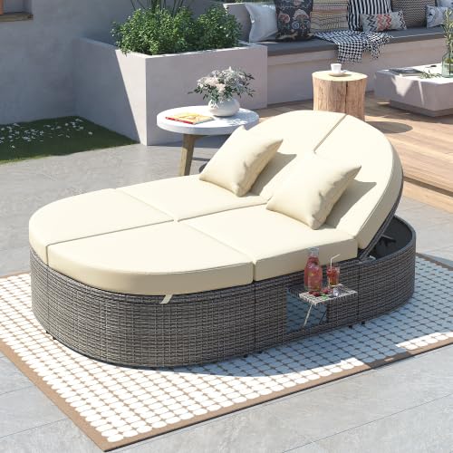 Bellemave Outdoor Sun Bed Patio 2-Person Daybed with Cushions and Pillows, Rattan Garden Reclining Chaise Lounge with Adjustable Backrests and Foldable Cup Trays for Lawn,Poolside（Beige）