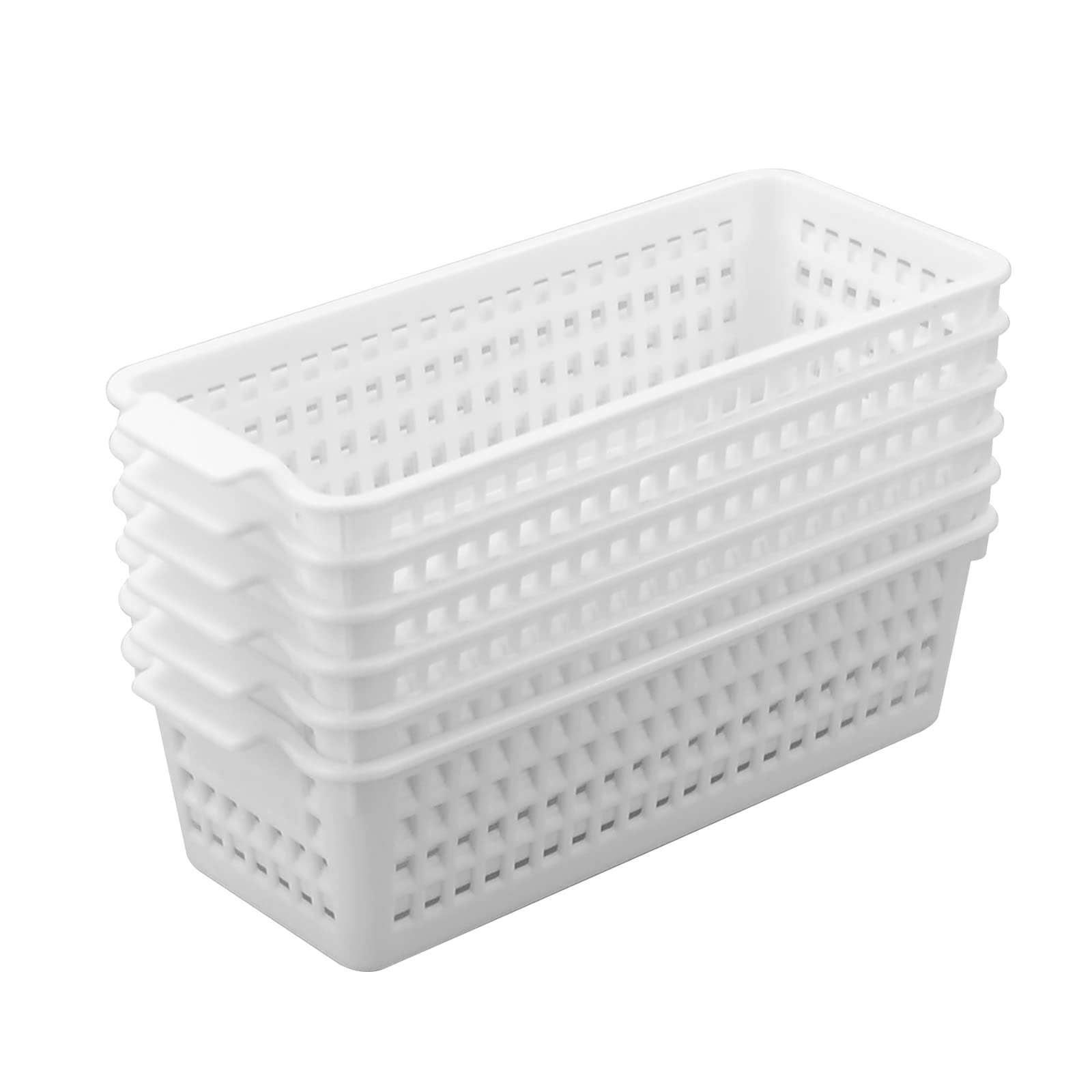 Easymanie 6 Pack Slim Plastic Storage Basket, Small Desktop Organizing Basket, White