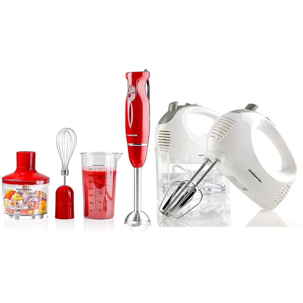 OVENTE Immersion Electric Hand Blender 300 Watt Power 2 Mix Speed with Stainless Steel Blades & Portable 5 Speed Mixing Electric Hand Mixer with Stainless Steel Whisk Beater Attachments