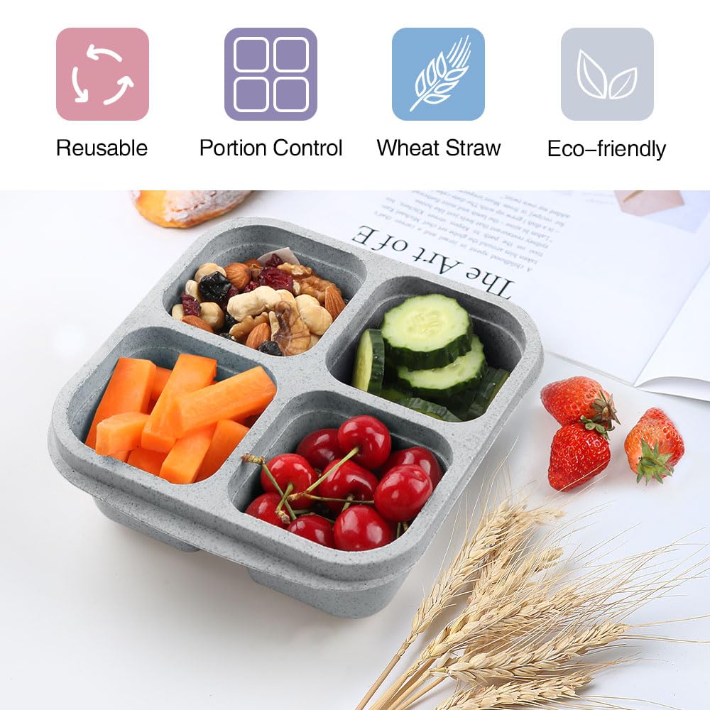 Snack Containers (4 Pack), 4 Compartments Snackle Box Container, Meal Prep Containers Reusable Lunch Containers for Adults, Microwave & Dishwasher Safe, Divided Bento Snack Box for Work, Travel