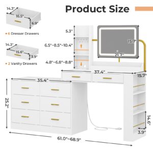 Hasuit Large Vanity Desk with Mirror and Lights,68.9'' Long Makeup Dressing Vanity Table with Charging Station, 8 Drawers, Vanity Mirror 3 Lighting Modes Adjustable, White