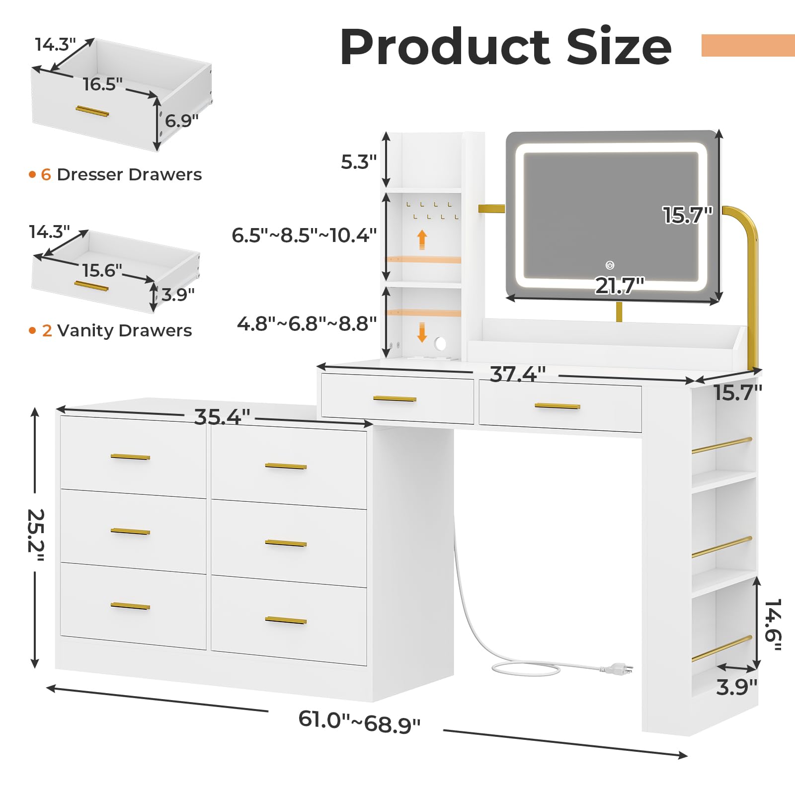 Hasuit Large Vanity Desk with Mirror and Lights,68.9'' Long Makeup Dressing Vanity Table with Charging Station, 8 Drawers, Vanity Mirror 3 Lighting Modes Adjustable, White