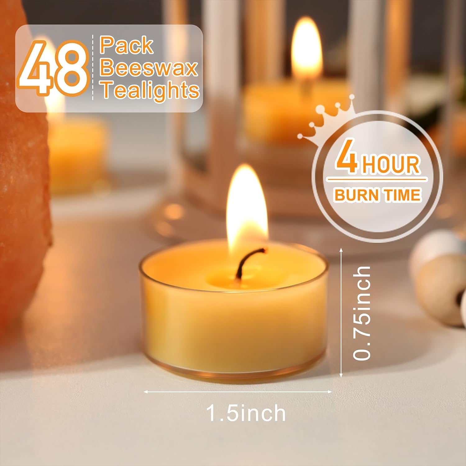 48 Packs Beeswax Tealight Candles, 100% Pure Beeswax Candles | 4-Hour Extended Burn Time | Natural Beeswax Tea Lights Candles in Clear Cup, Perfect for Home Deco,Air Purification,Fragrance