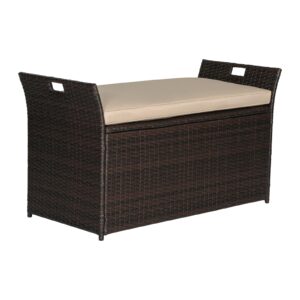 patiomore 90 gallon outdoor wicker storage bench with cushion, patio pe rattan deck box with handles (brown)