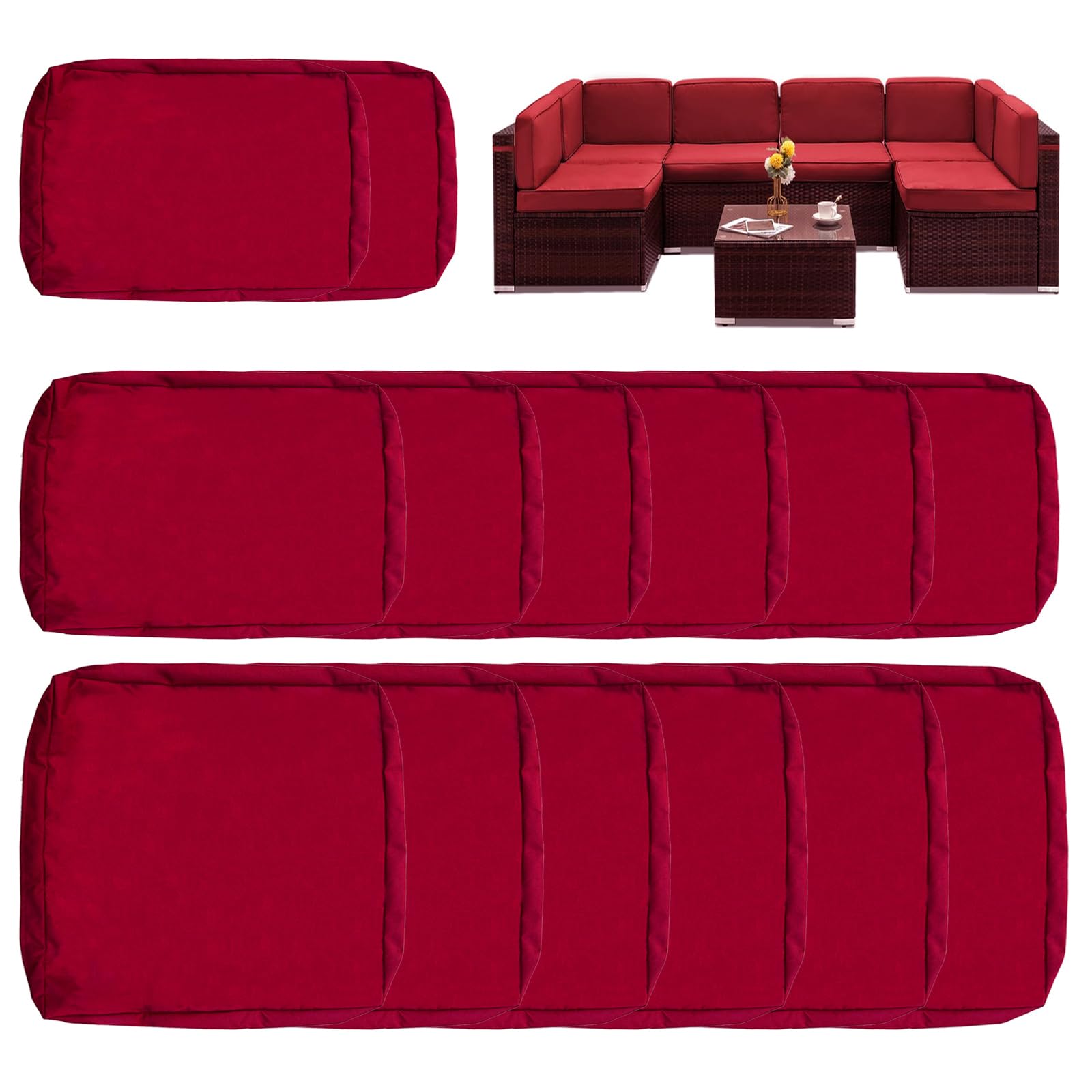 Sqodok Outdoor Cushion Covers 14Pcs Patio Cushion Slipcovers, Replacement Waterproof with Zipper for 6-Seaters Sofa, Outdoor Furniture Cushion Slipcovers Set Seat and Back, Covers Only, Dark Red