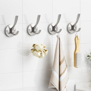 ZUONAI Towel Hooks for Bathroom Wall Mounted 4 Pack Coat Hooks Brushed Nickel Towel Hook Satin Nickel Coat and Hat Hook Silver Wall Hook Bathroom Towel Hook for Hanging Towels Bath Towel Hooks